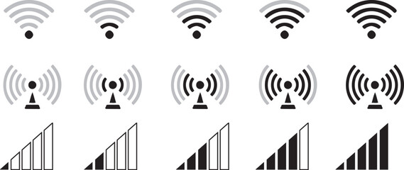 Wireless signal strength and connectivity icons set, showing different levels of network status