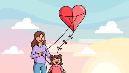 Mother and daughter flying a heart-shaped kite together outdoors.