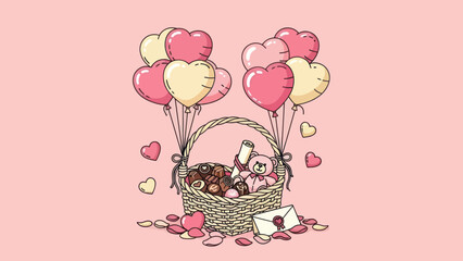 Valentine's Day gift basket with heart balloons and chocolates