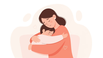 Mother comforting her sad child with a hug.