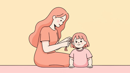 Mother braiding daughter's hair in a caring family moment illustration