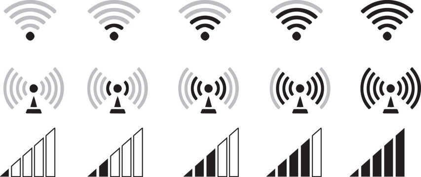 Wireless signal strength and connectivity icons set, showing different levels of network status