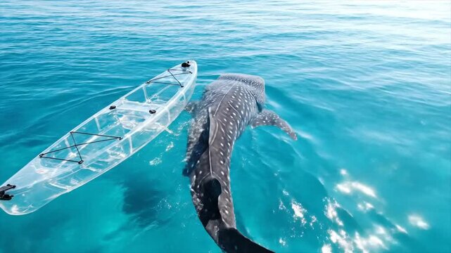 Majestic Whale Shark Glides Alongside Clear Kayak in Stunning Turquoise Ocean Waters