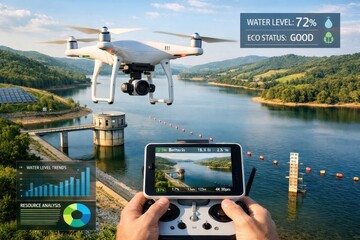 Drone Monitoring Freshwater Reservoir And Environmental Data.
Aerial drone surveys a large lake while digital dashboards display water quality and terrain metrics.