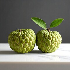 Fototapeta premium Two sugar-apples sit on a white surface with a dark grey backdrop. One has two green leaves. Close-up photo with natural lighting
