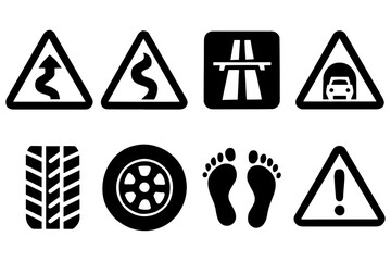set of warning signs,
Road Hazard Warning Signs & Vehicle Parts Icons &ndash; Black and White Transportation Safety Design