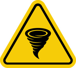 Tornado warning sign a black swirling vortex icon inside a yellow triangle representing severe weather alert