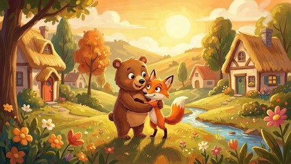 Friendly Embrace: A heartwarming scene where a bear and fox share a tender embrace amidst a picturesque village, conveying a message of friendship and unity.