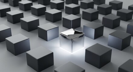 Fototapeta premium Spotlight highlighting one polished cube among matte cubes, symbolizing standout talent, leadership, and best candidate selection in a modern corporate scene.