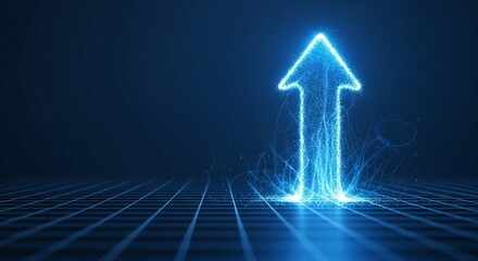 Glowing upward arrow rising above a structured grid, symbolizing success, growth, performance, and selecting the best candidate in a modern corporate concept.