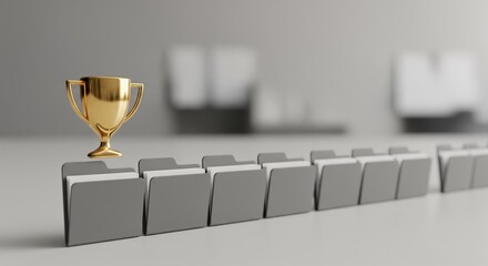 Single trophy icon rising from identical folders, symbolizing merit based selection, achievement, and best candidate recognition in HR recruitment.