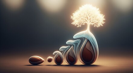 Fototapeta premium Abstract seed evolving into a glowing tree with soft gradients, symbolizing long-term growth, patience, success, and sustainable progress.