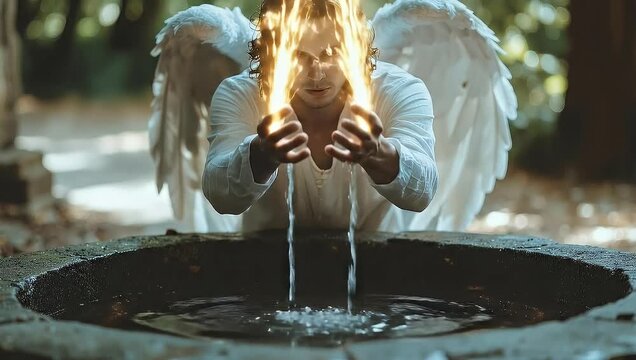 Celestial being creating luminous energy at ancient wellspring, ethereal wonder