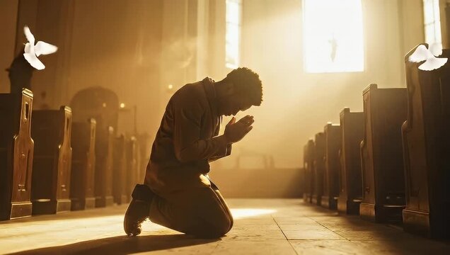 Man Kneeling in Prayer Inside a Church with Sunlight and Doves.
