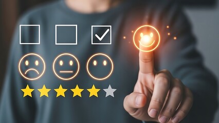 Person interacting with digital interface displaying various emoticon faces and rating stars on a blurred background