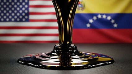 Oil drips onto a surface with the US and Venezuela flags in the background, Global Petroleum Industry and Trade Concept with USA and Venezuela Flags