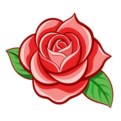 Vibrant pink rose with green leaves on white background