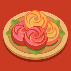 Delicious sweet pastries on a plate with green leaves