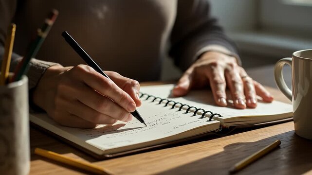 Creative writing session: Woman journaling with pen and notebook, seeking inspiration