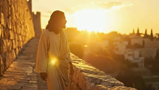 Jesus Christ Contemplating the Sunset Over Jerusalem - A Religious Scene.