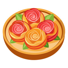 Vibrant roses on a wooden plate with green leaves