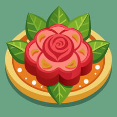 Vibrant sushi rose on plate with green leaves