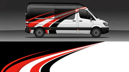 Stylized white van with red and black racing graphics on dark background. © Lailatul