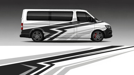 White minivan features bold black geometric decals and a sleek graphic wrap along the sides and doors.