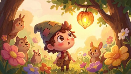Whimsical Forest Friends: A charming illustration depicts a curious child, surrounded by friendly forest creatures, gazing up in wonder at a glowing lantern, the scene imbued with enchantment.