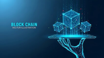 Blockchain technology concept with hand holding cubes on a plate illustration