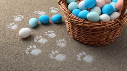 Obraz premium Easter Eggs Trail: Vibrant Easter eggs trail leads towards a woven basket filled with an assortment of colored eggs. A symbol of springtime. 