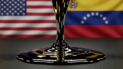 Oil drips onto a surface with the US and Venezuela flags in the background, Global Petroleum Industry and Trade Concept with USA and Venezuela Flags