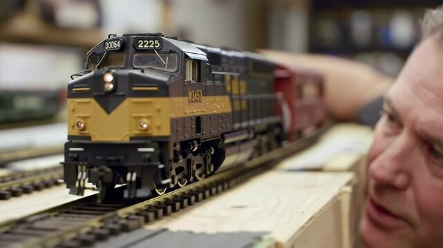 Man operating a model train, close-up view of the locomotive and tracks.