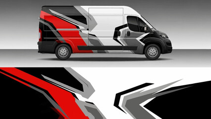 Closeup of a white delivery van with bold red and black graphic stripes. © Lailatul