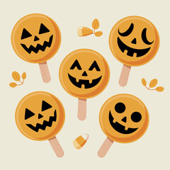 Vector of Halloween pumpkin pie pops with jack-o&rsquo;-lantern decorations &ndash; Great for recipe blogs, festive food advertisements, or holiday event media.