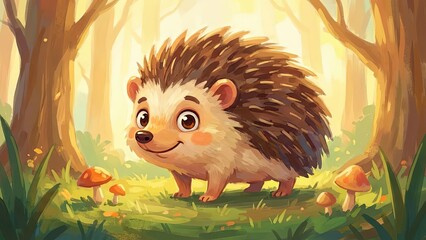 Cute Hedgehog in Forest: A delightful hedgehog wanders in an enchanting forest, accompanied by playful mushrooms, exuding charm and capturing the magic of the woodlands.