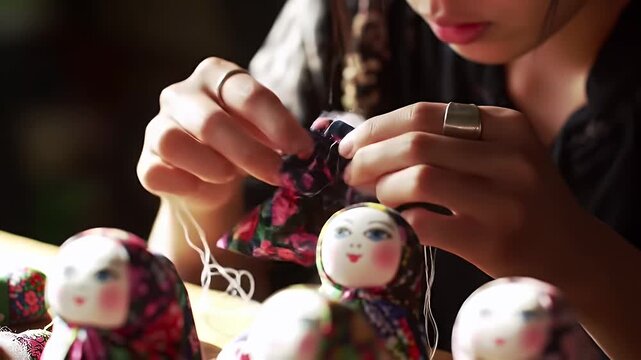 Artisan crafting traditional matryoshka dolls with meticulous detail in a cozy workshop