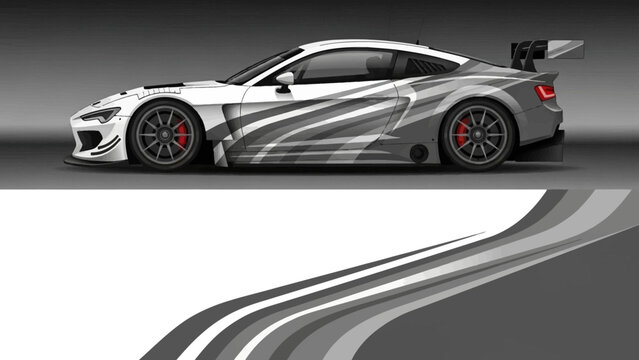 Dynamic silver race car illustration with flowing stripes and sleek design.