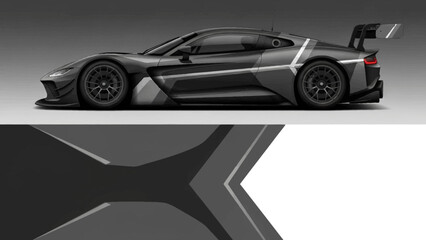 Fototapeta premium Sleek black hypercar with aerodynamic design and rear wing on gray studio backdrop.