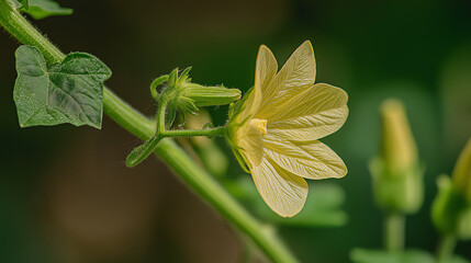 Yellow buttercup squash flower blooming outdoors. Showcasing delicate petals and vibrant stamens amidst green foliage and blurred natural background in a garden setting