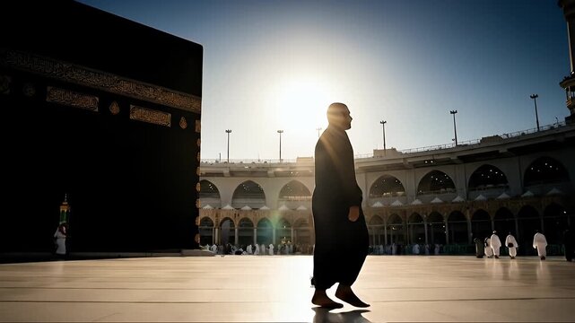 Pilgrim Walking Towards the Kaaba in Mecca During Hajj Pilgrimage.