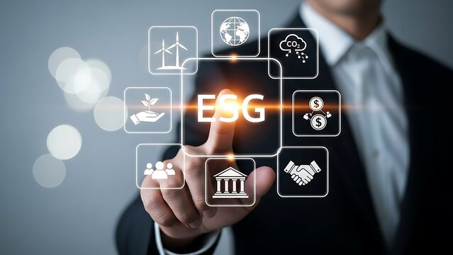 Businessman interacting with esg icons on a digital interface for sustainability and corporate responsibility - Powered by Adobe