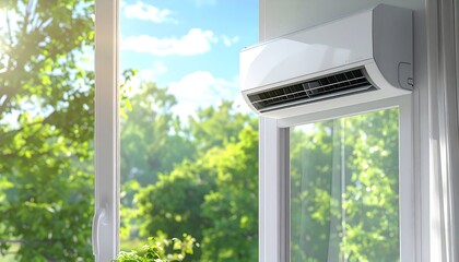 Air Conditioner Unit Installed Near Window with Greenery View.