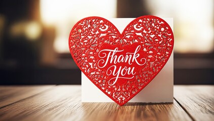 Gratitude's Crimson Heart: A delicate, intricately designed heart etched with the words Thank You, rests gracefully on a wooden surface, set against the blurred backdrop of a warm, inviting space.
