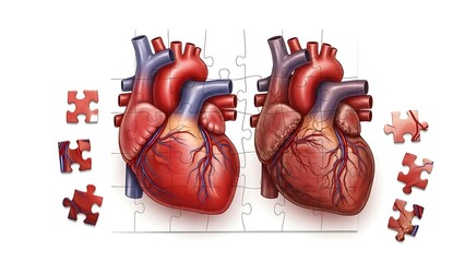 Human Hearts with Puzzle Pieces Representing Organ Donation and Transplant.