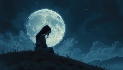A contemplative silhouette of a young woman sitting on a hill under a giant glowing full moon in a starry night sky