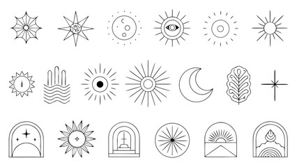 Minimalist celestial and boho design elements sun, moon, stars, abstract landscapes, and geometric shapes in thin line style on transparent background