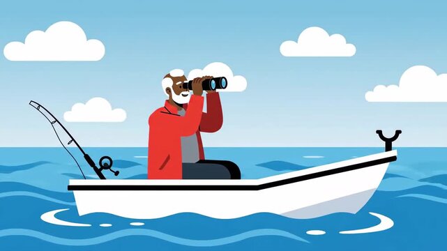 Senior Fisherman Enjoying Peaceful Time On The Sea In His Boat With Binoculars