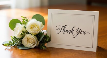 Gratitude in Bloom: A heartfelt Thank You message accompanies a delicate arrangement of white roses, radiating appreciation and elegance on a sun-kissed surface.