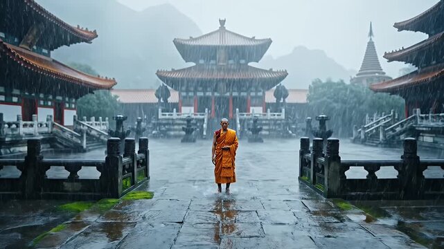 Monk in Orange Robes Stands in Temple Courtyard During Rain, Serene Scene.